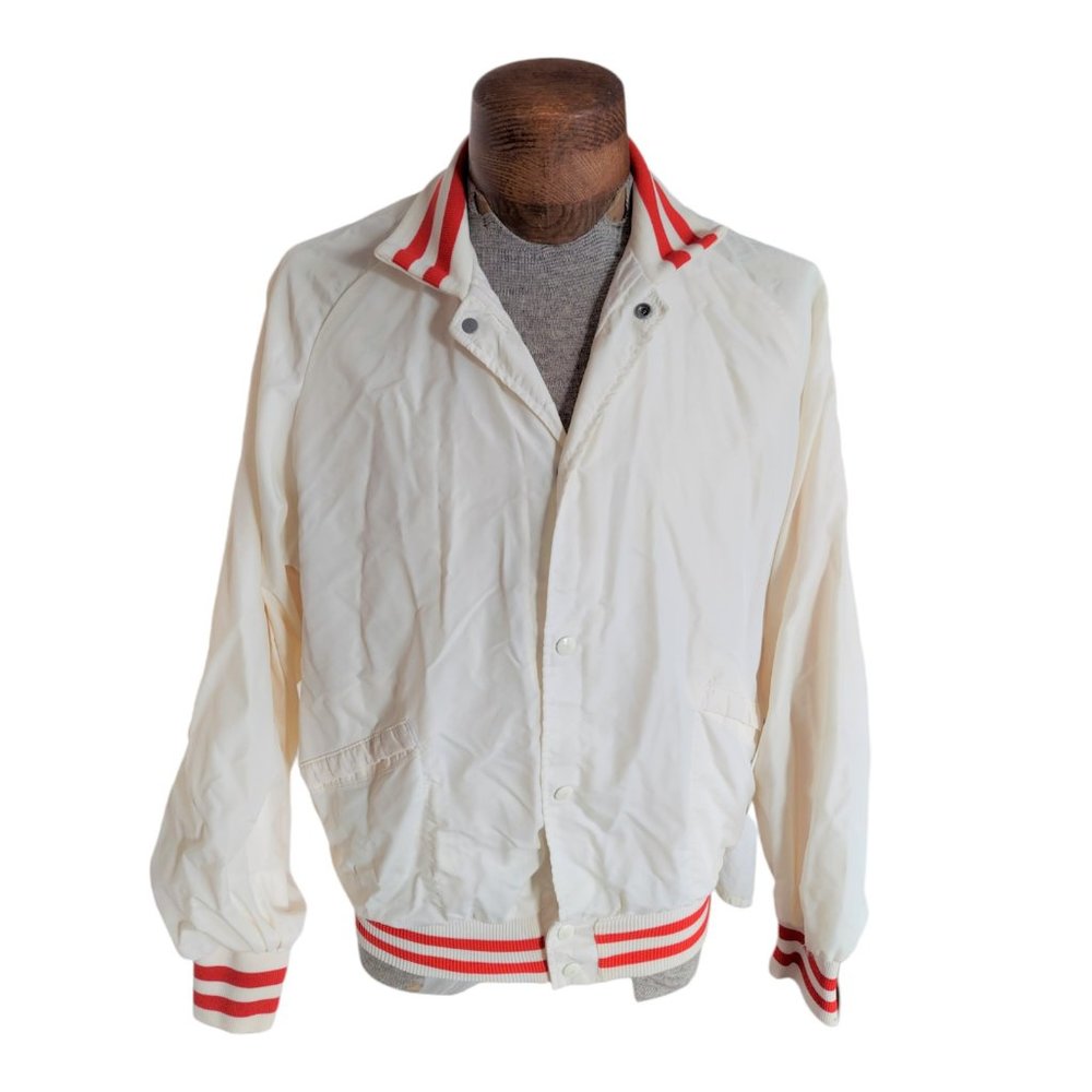 VTG KING LOUIE Men's Cream & Red Snap Button Nylon Jacket Size XL USA Blank
